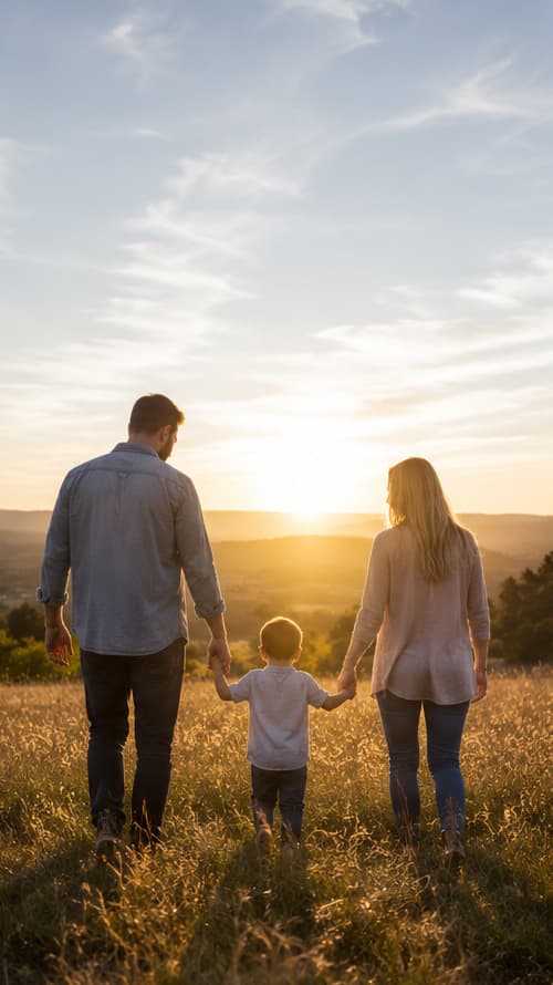 A family walking together at sunset